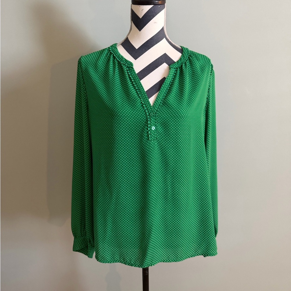 Banana Republic Emerald Green Dot-Print Split-Neck Blouse
